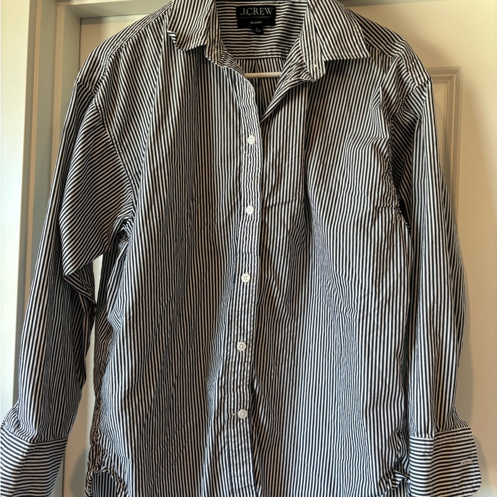 J.Crew Women’s Relaxed Navy Blue and White Pinstripe Button-Up Shirt